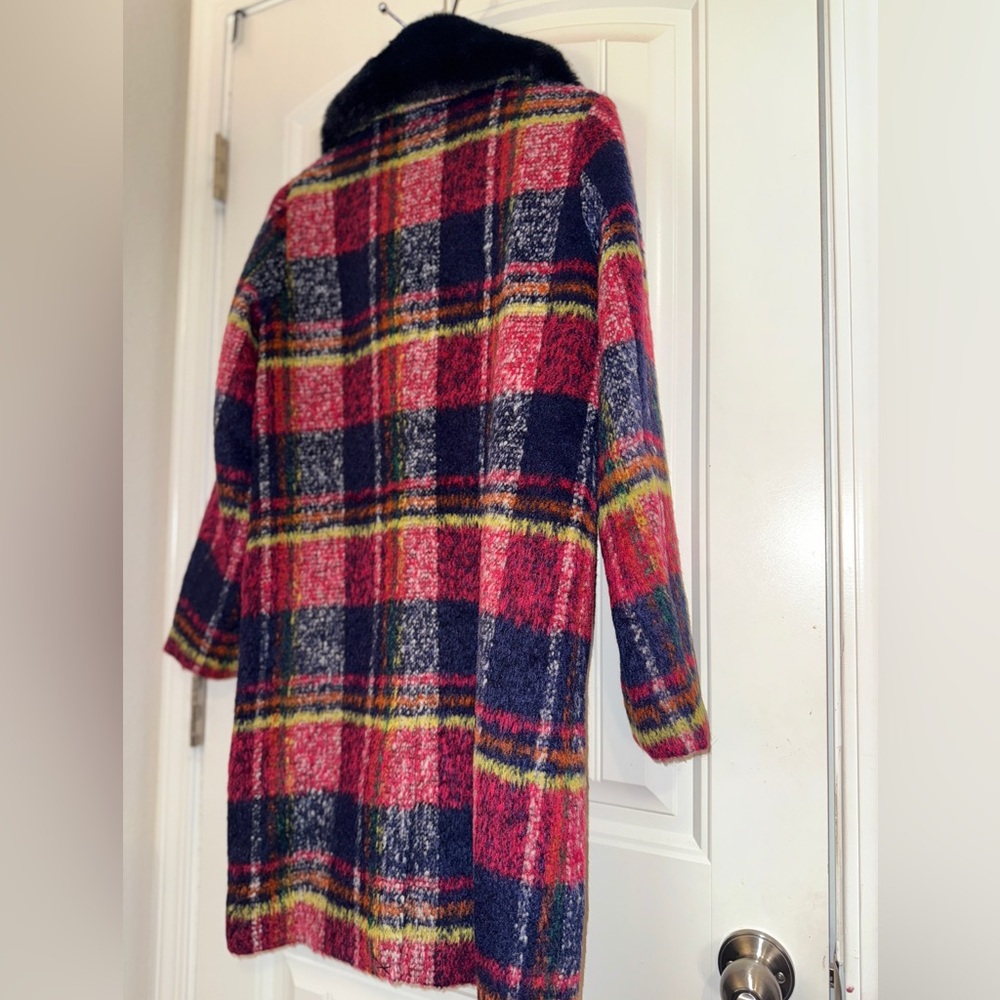 Anthropology NVLT Navy and Red Plaid Coat with Faux fur Collar new! - Picture 11 of 13